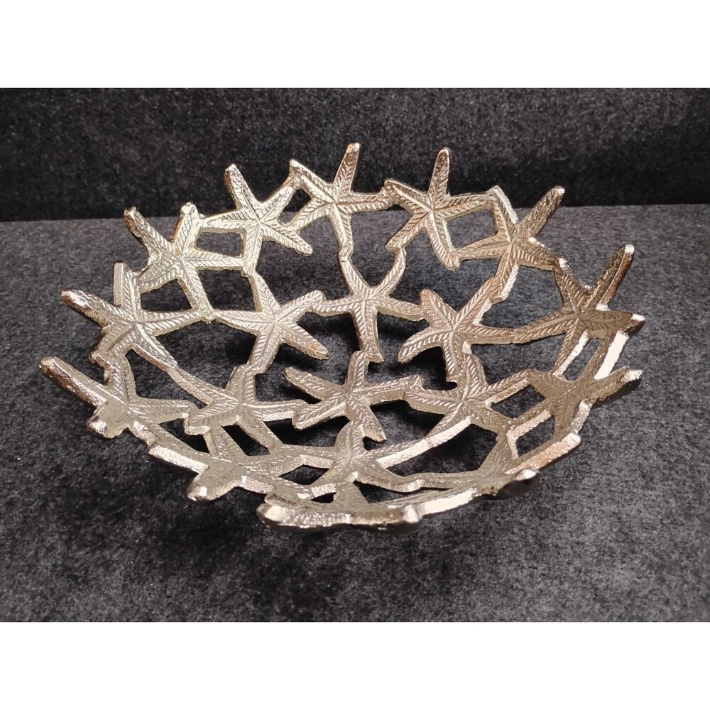 Coastal Sculptural Silver Toned Starfish Metal Bowl Decorative 10" Nautical